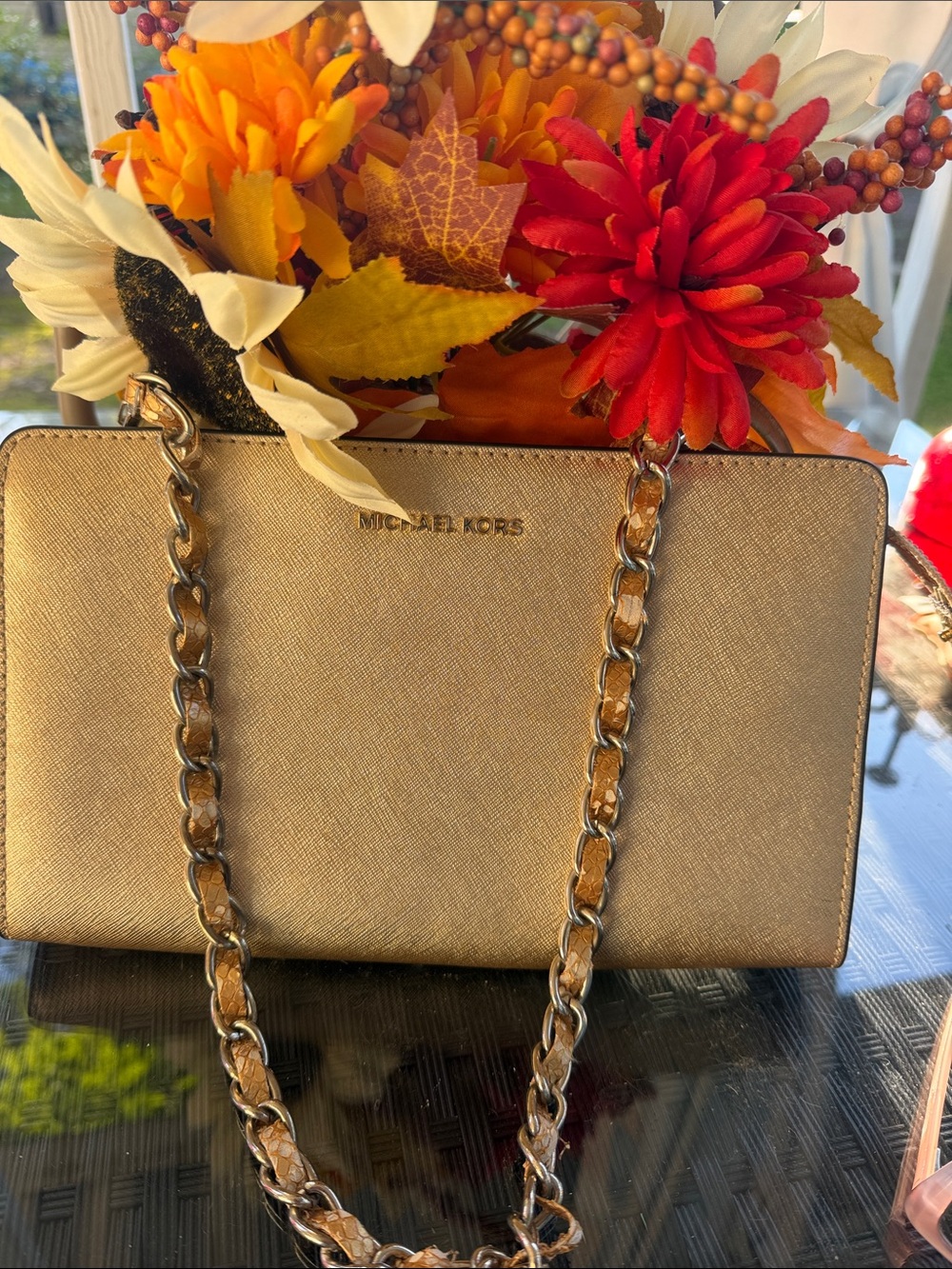 Michael Kors Metallic Gold Chain-Trim Shoulder Bag